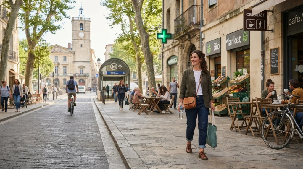 Solo female traveler walking near cafés, shops, transit and attractions in a compact neighborhood