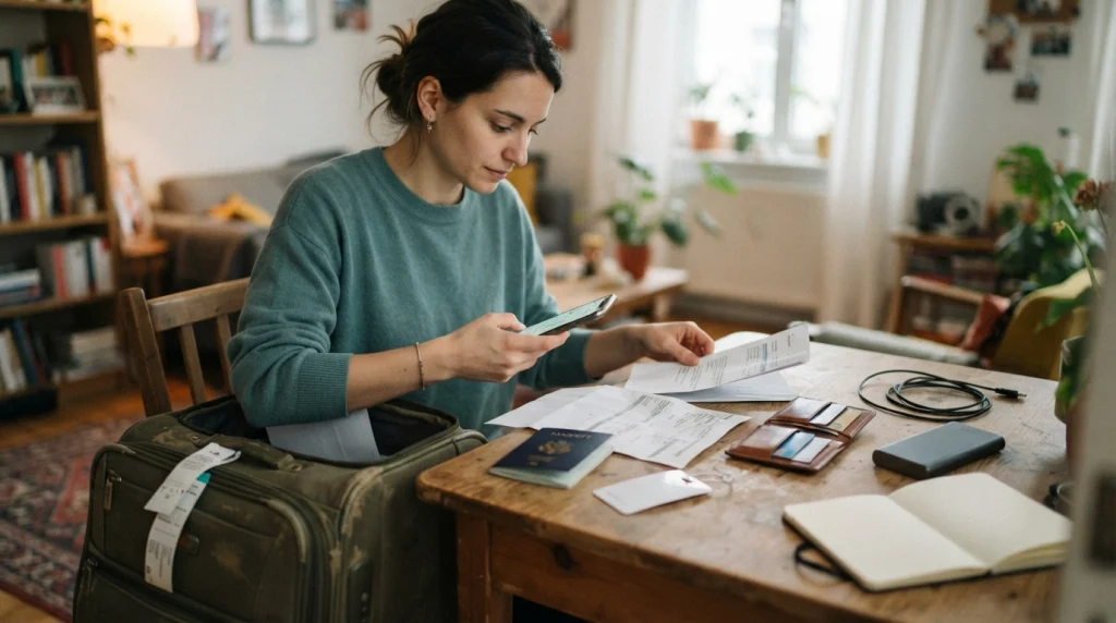 Solo female traveler organizing transport, lodging, money and safety essentials before departure.