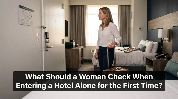 What should a woman check when entering a hotel alone for the first time hotel safety scene