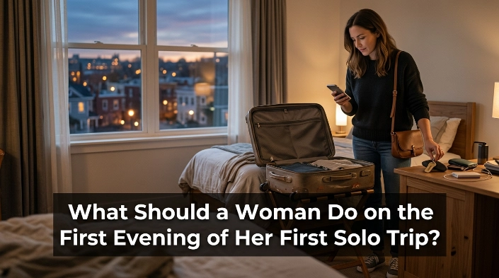 Woman settling into her accommodation on the first evening of her first solo trip.