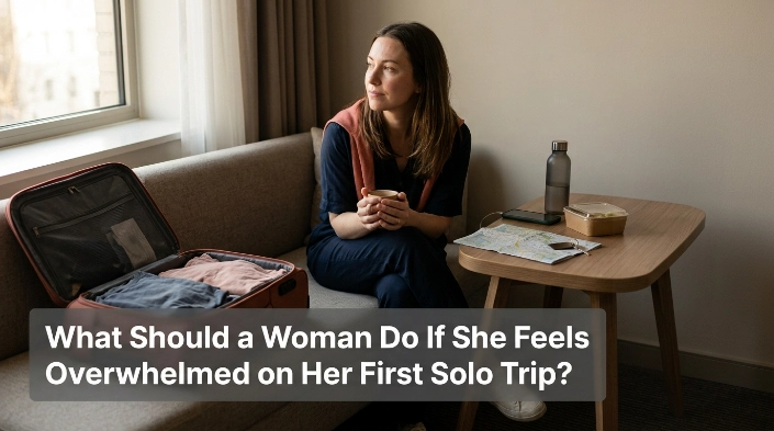 Woman resting safely after feeling overwhelmed on her first solo trip.