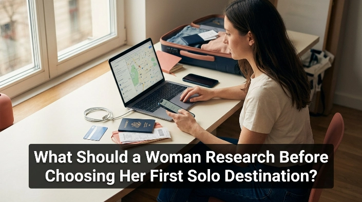 Woman researching what to consider before choosing her first solo destination.