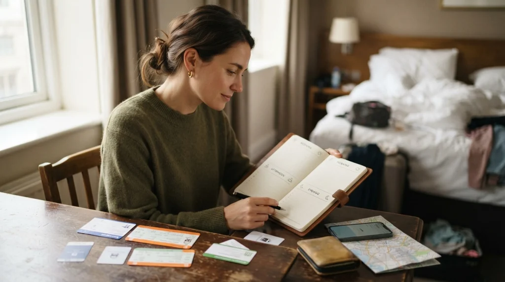 Woman organizing arrival, hotel, departure, and one daily activity for a simple solo trip itinerary