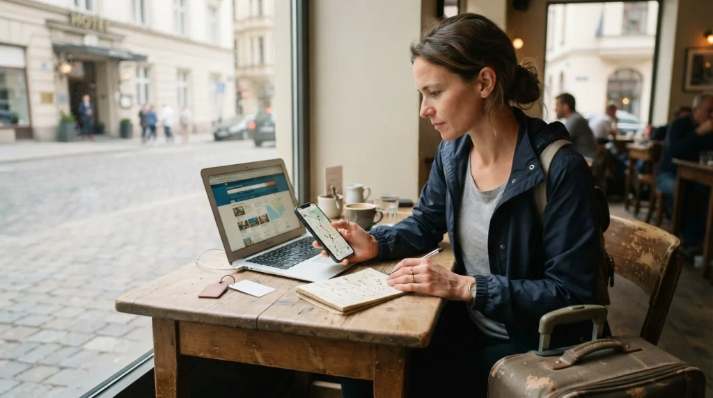 Solo woman checking routes and female-friendly accommodation before booking