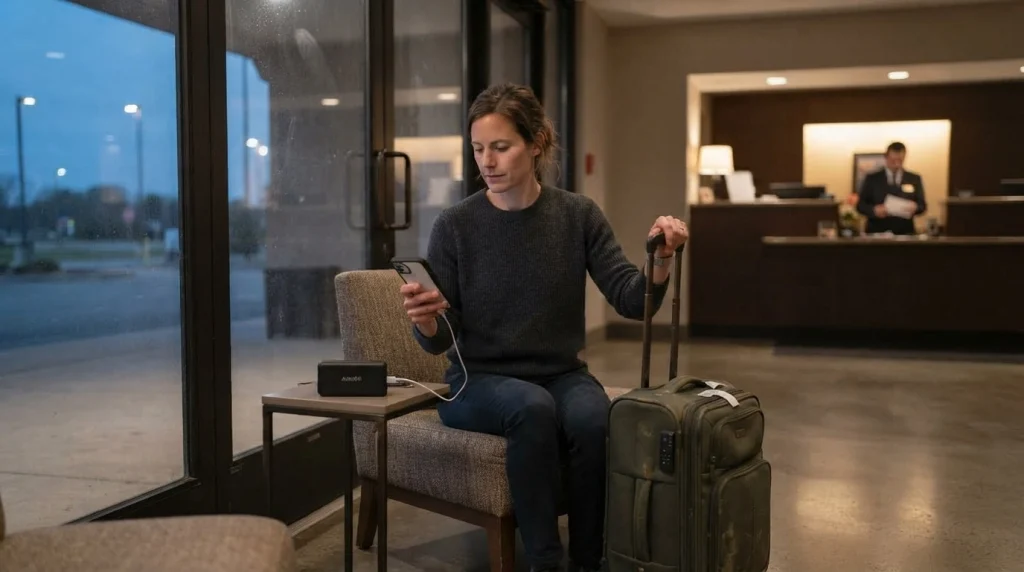 Solo woman arranging backup airport transport from a hotel lobby after a ride problem.