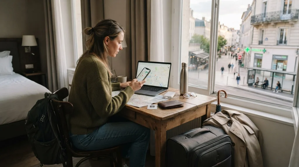 Solo female traveler researching airport transfers, neighborhood convenience, transport and weather before a relaxing trip.