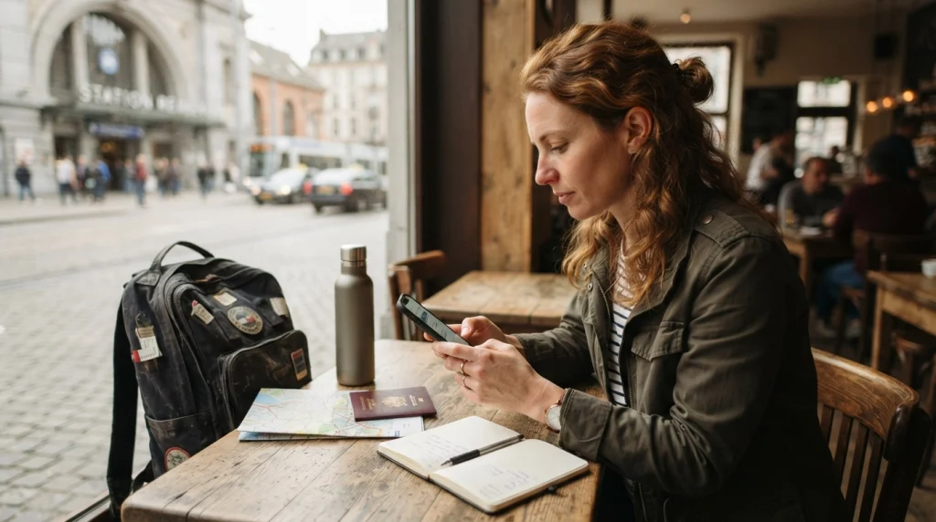 Woman booking accommodation and transport while keeping her solo travel itinerary flexible
