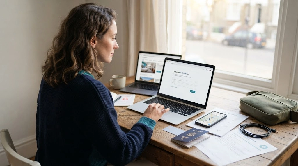 Solo female traveler reviewing safety, transport, health, emergency, and cancellation details before booking.
