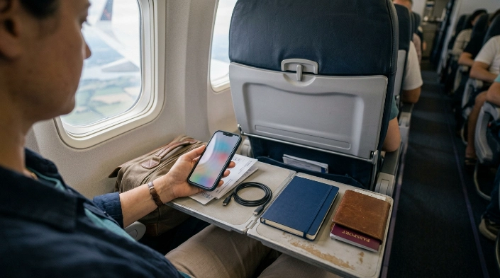 Solo woman traveler preparing passport, phone, and arrival details before landing