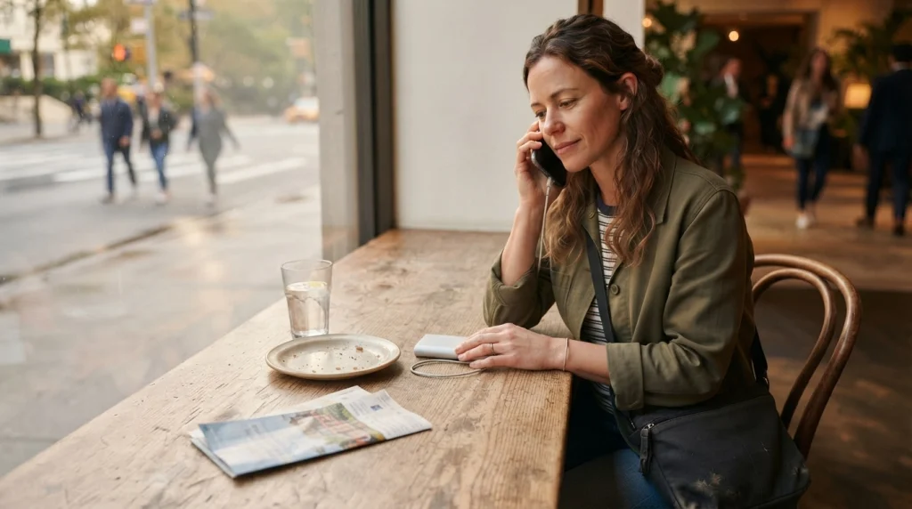 Solo woman resting in a café, eating, hydrating, charging her phone, and contacting someone trusted