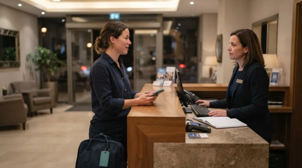 Solo woman asking hotel reception for help after moving to a safe public place