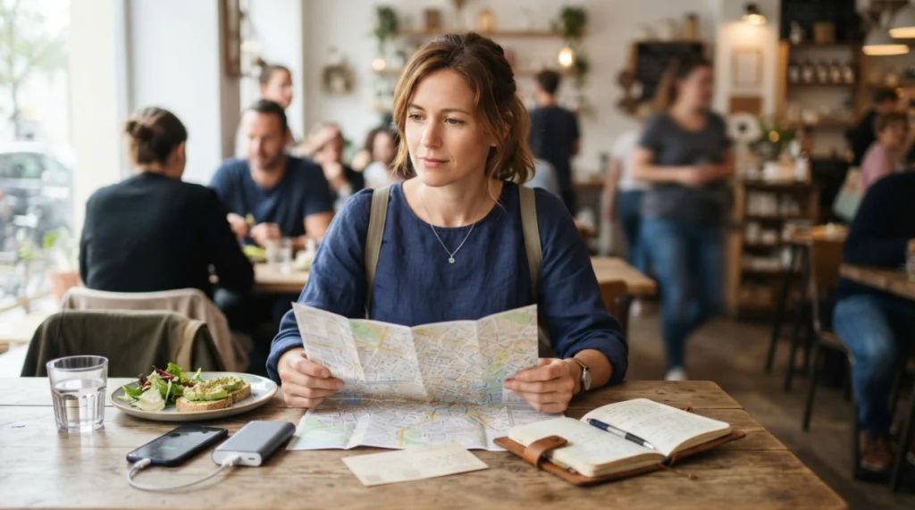 Solo woman eating, hydrating and planning a small activity after feeling lonely while traveling