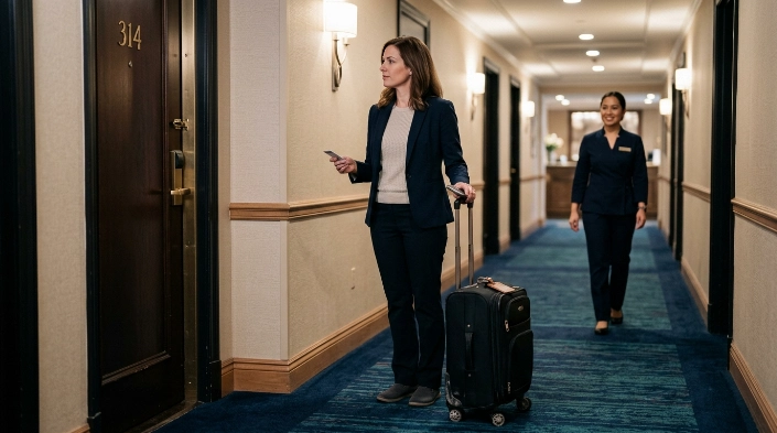 Solo woman leaving an insecure hotel room with packed suitcase after discovering a faulty door lock