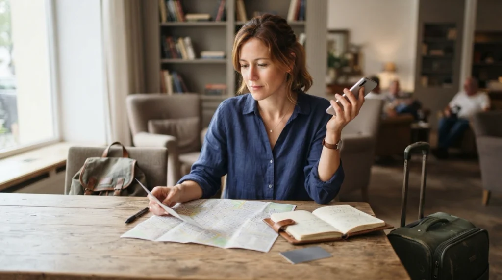 Female solo traveler calmly changing her itinerary after persistent loneliness