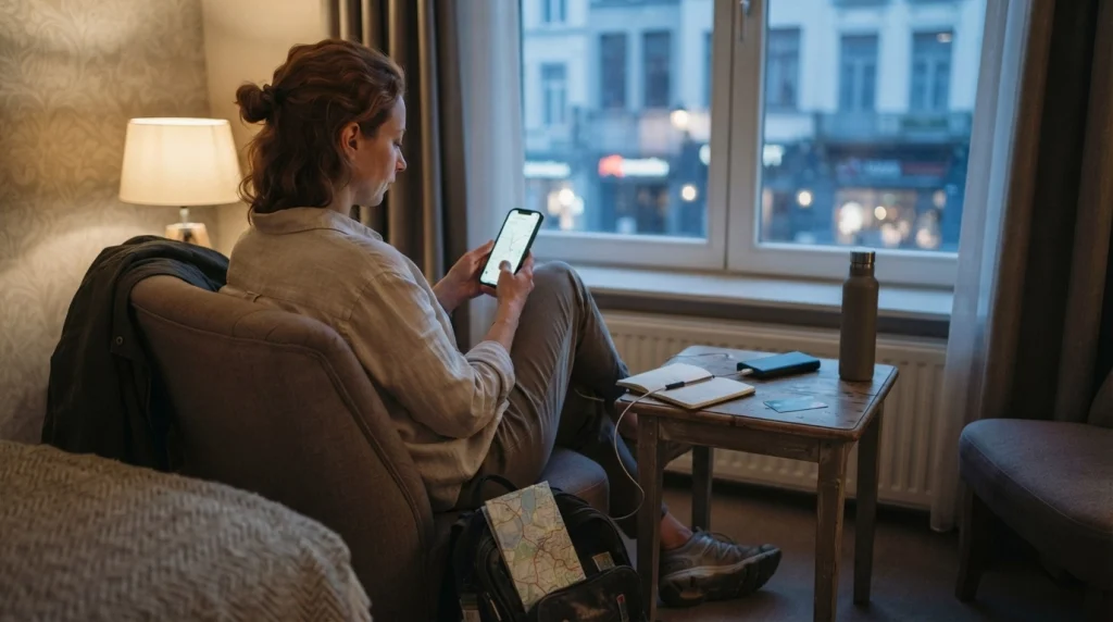 Woman reviewing and adjusting her solo travel itinerary in a hotel room at dusk