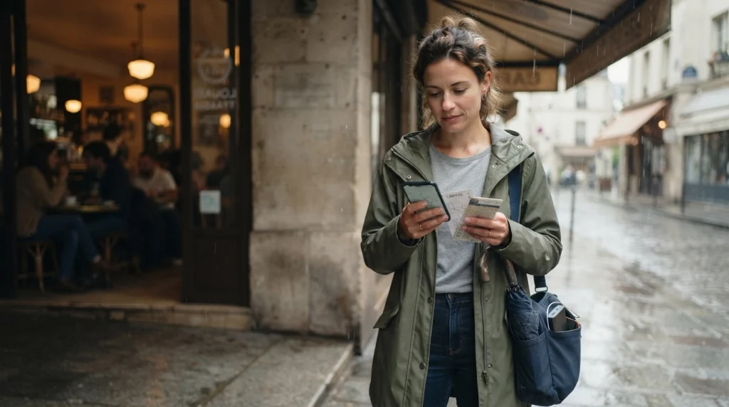 Solo female traveler calmly switching to a backup itinerary during changing weather