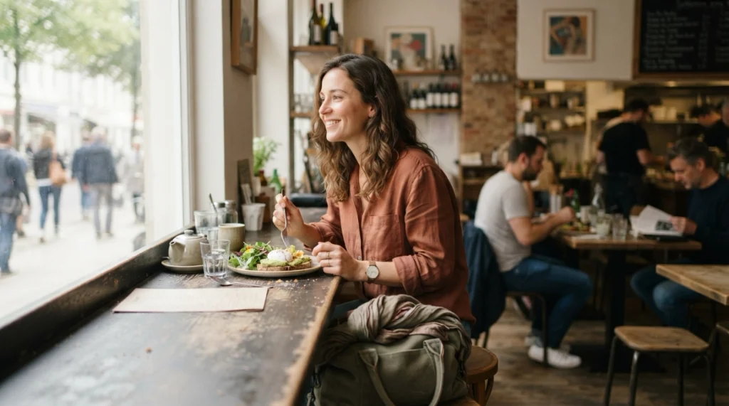 Woman eating her first solo meal at a relaxed café counter during lunch
