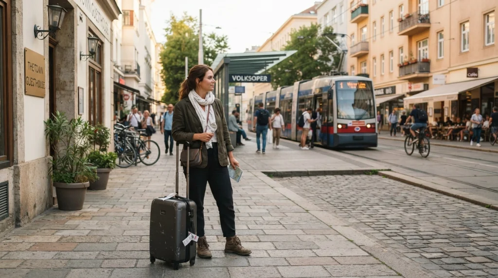 Solo female traveler with luggage staying near public transit on a walkable city street