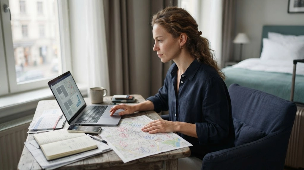 Woman comparing travel advisories, local crime data, news, and maps before a solo trip.