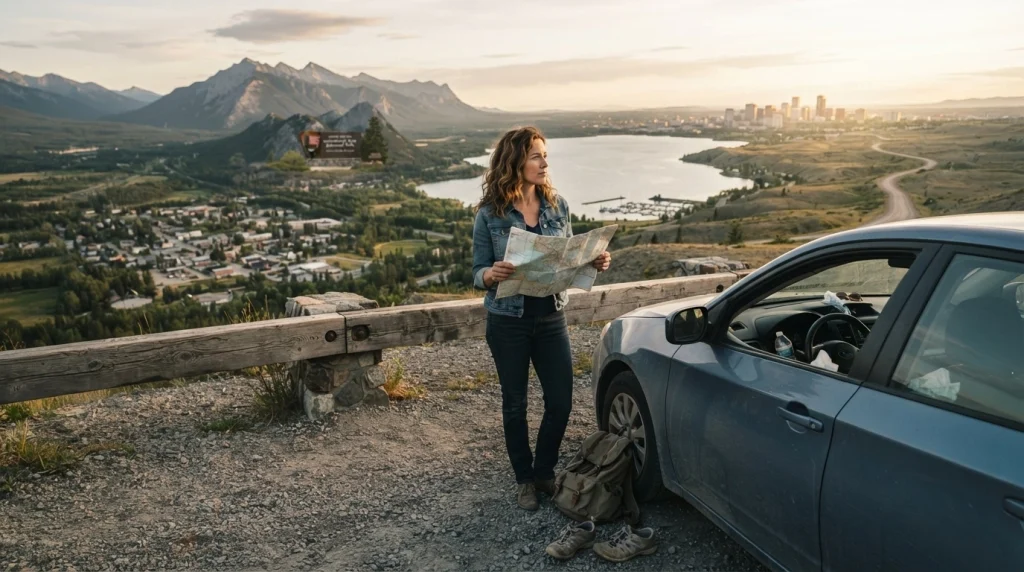 Woman comparing city, park, coastal, and remote solo road trip destination styles