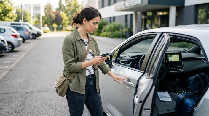 Solo woman checking route and rental car before driving alone in daylight