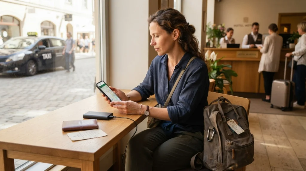 Solo woman checking phone, hotel address, power bank, and transport during a safe daytime arrival