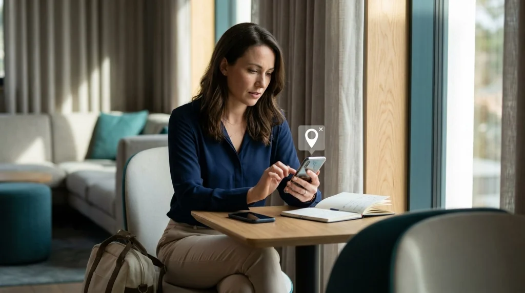 Woman checking a social media post and removing accidentally shared location information during solo travel.