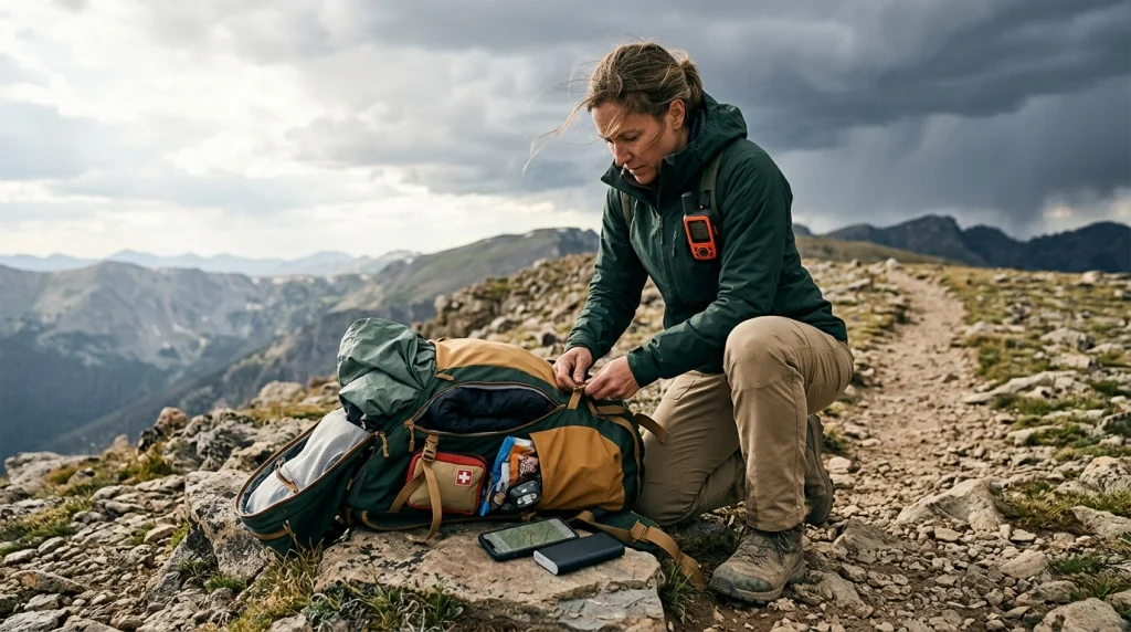 Solo female hiker preparing extra water, layers, navigation, power, shelter, and communication gear for remote terrain.