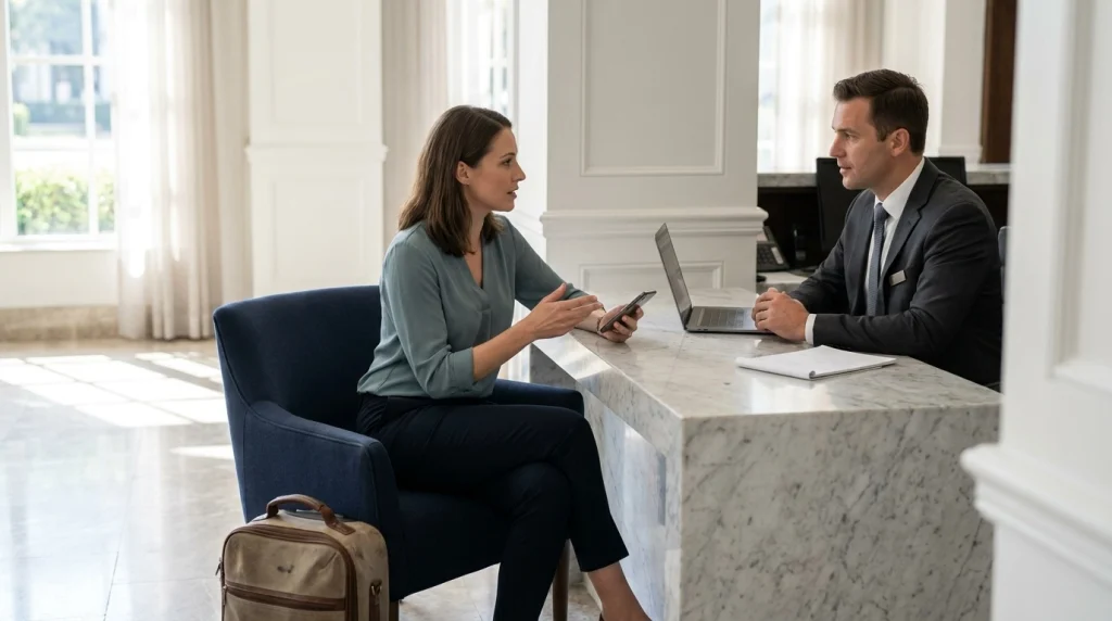 Female solo traveler discussing a hotel security incident with the manager while reviewing notes on her phone.
