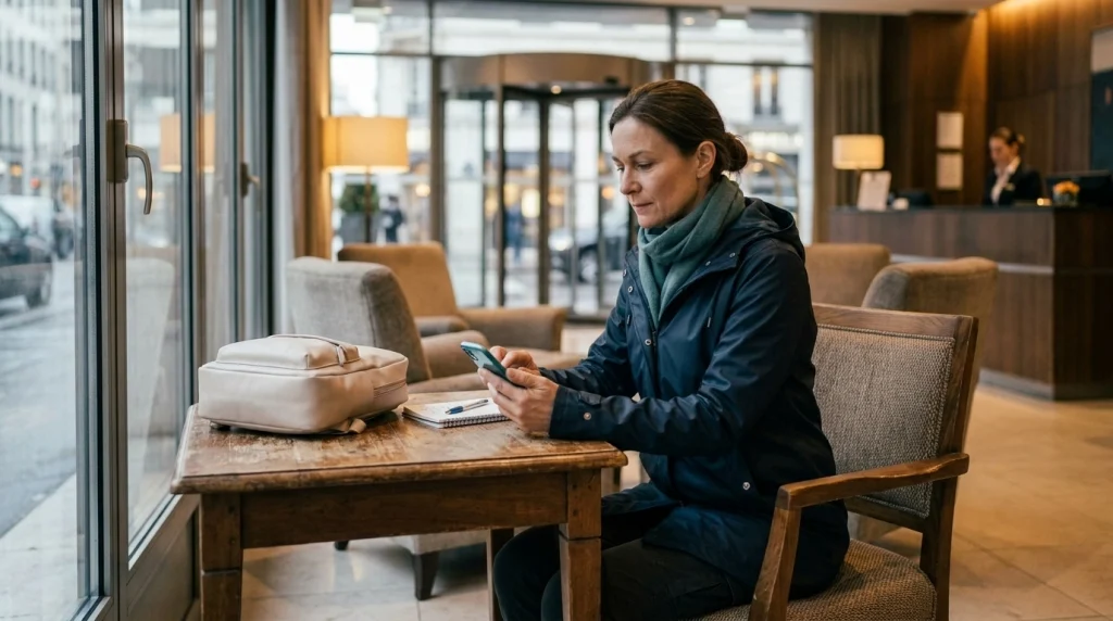 Solo female traveler reviewing trip details and documenting an incident in a hotel lobby.