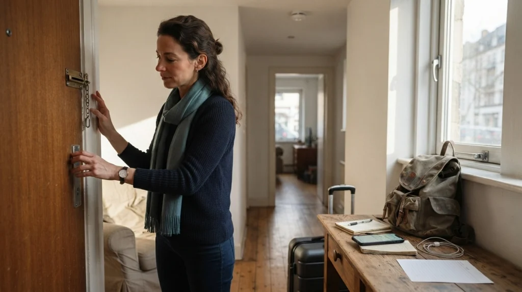 Woman traveler checking an Airbnb door lock and reviewing her arrival safety preparations.