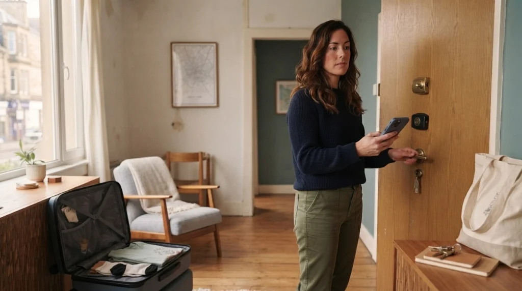 Solo female traveler checks her apartment door lock and keeps her phone accessible after arrival.