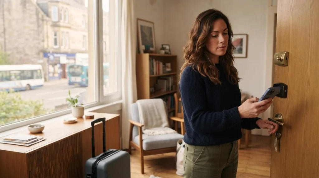 Solo female traveler checks a rental apartment's entrance and reservation details before unpacking.