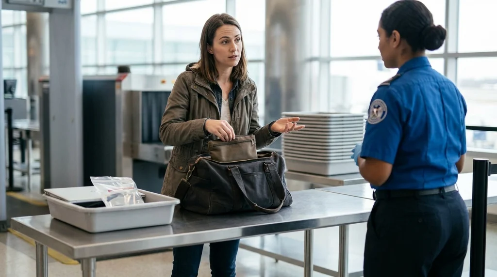 Solo woman calmly checking her carry-on and speaking with airport security after screening.