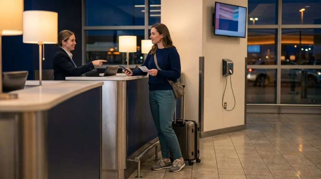 Solo female traveler asks airport information staff for help after an unexpected transfer delay.