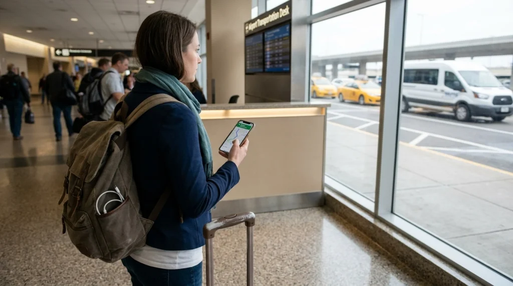 Solo female traveler checking her airport route and luggage before choosing an airport transfer.