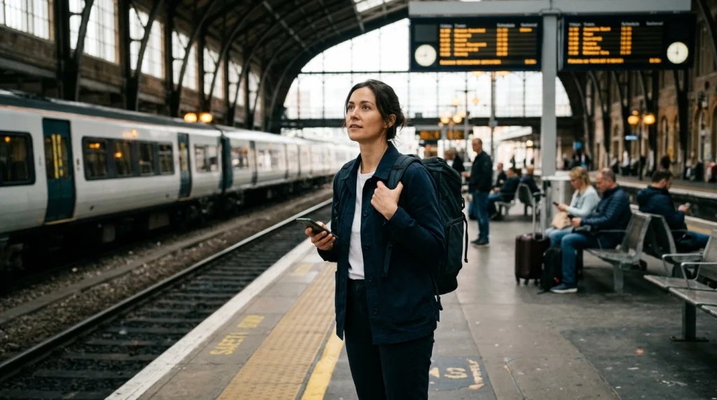 Solo female traveler checks station information while waiting safely beside a stopped train.