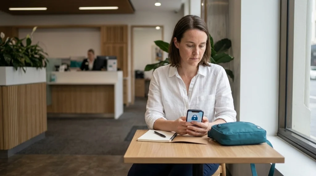 Solo female traveler using her banking app to lock a card after an ATM problem abroad.