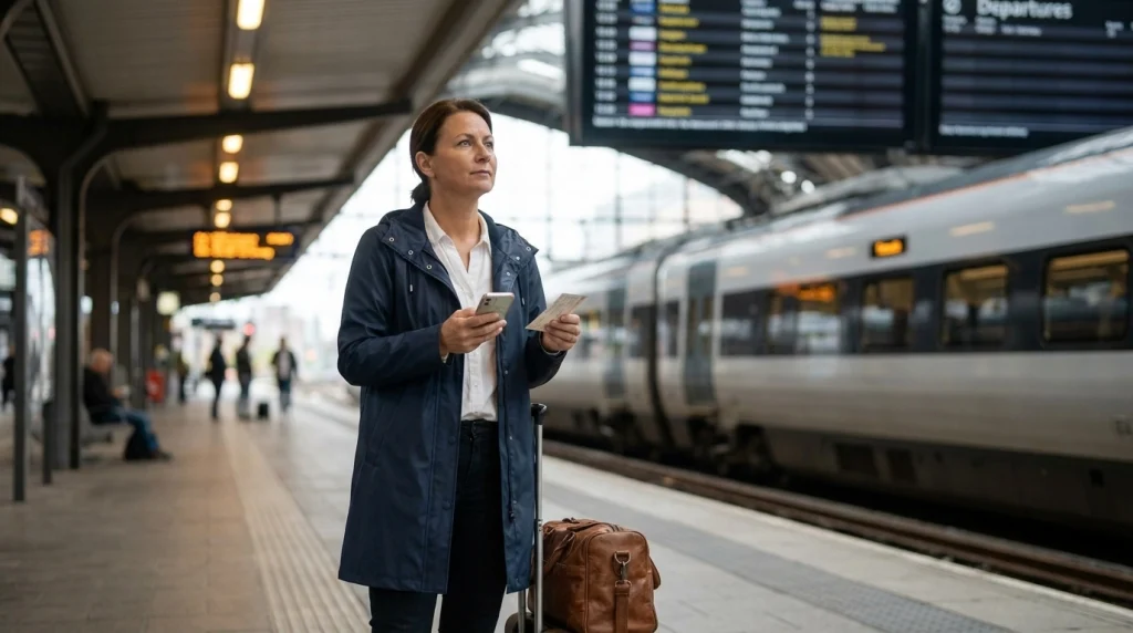 Woman checks her ticket and phone against departure information before boarding a train.
