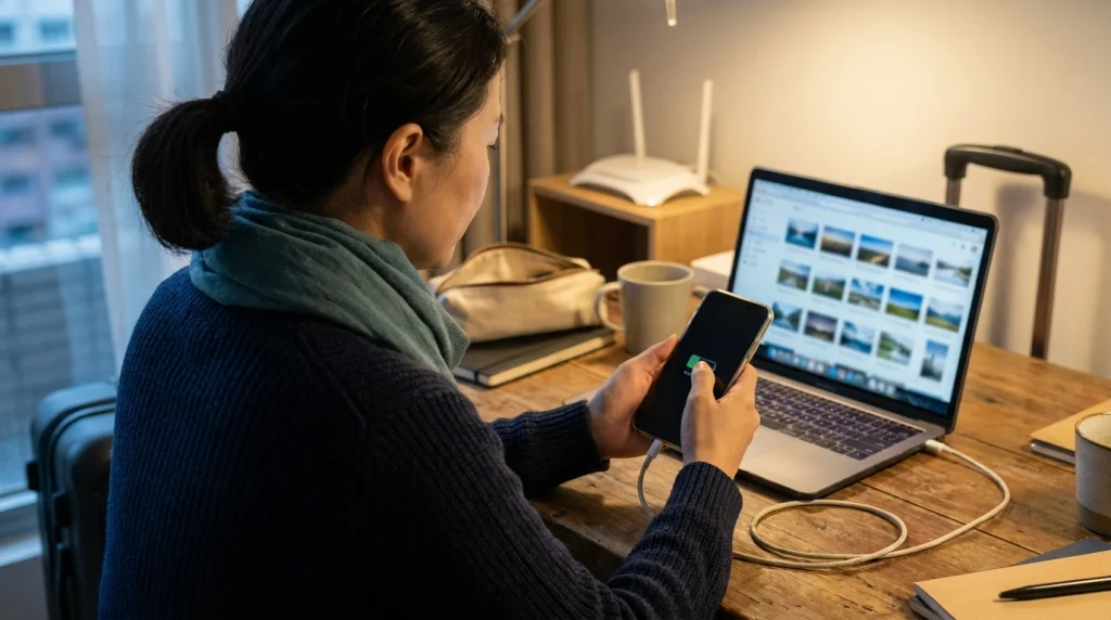Woman backing up an iPhone on Wi-Fi while charging before traveling alone.