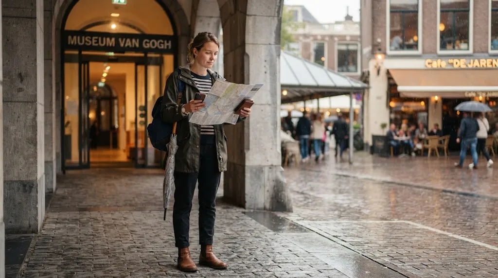 Solo woman choosing a nearby backup activity after weather changes her travel plans
