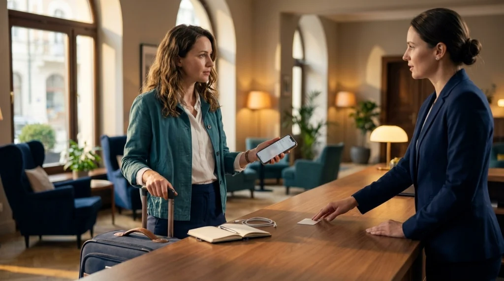 Female solo traveler verifying hotel Wi-Fi details with reception staff before connecting her smartphone.