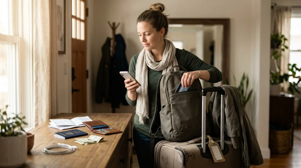 Solo female traveler completing bank, card, PIN, alert, and backup payment checks before airport departure