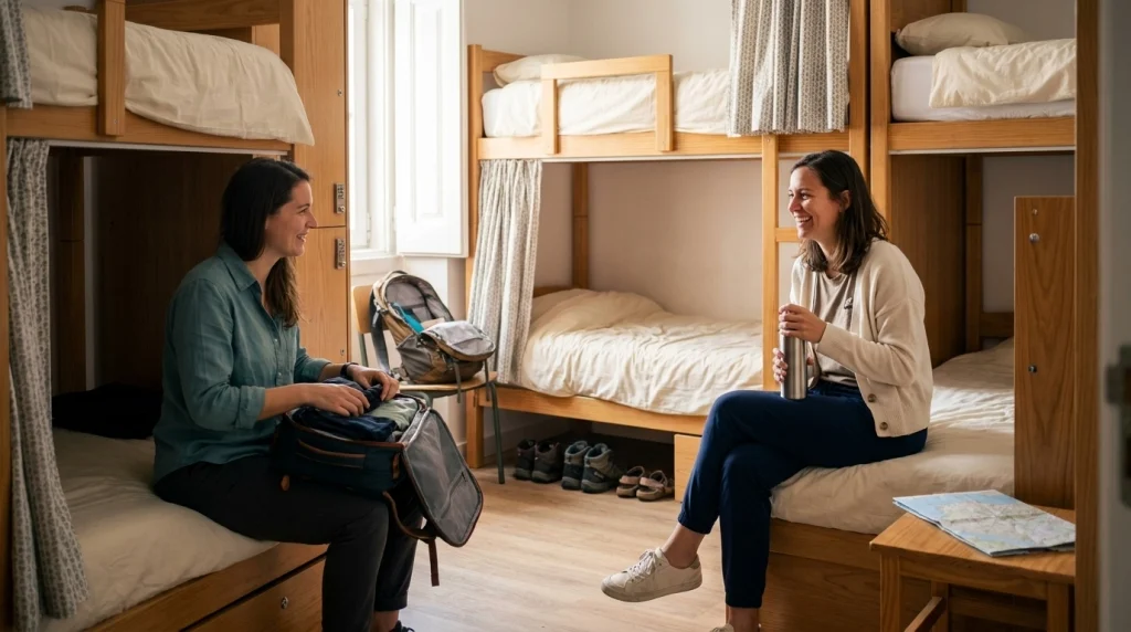 Two solo female travelers chatting in a cozy female-only hostel dorm with lockers and privacy curtains.