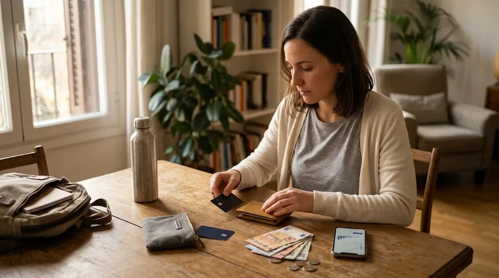 Woman preparing main card, backup card, local cash, and emergency funds for solo travel
