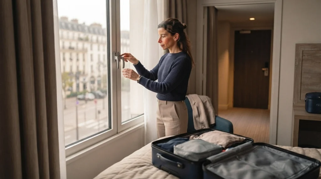 Solo female traveler checking a secure window in a middle-floor hotel room.