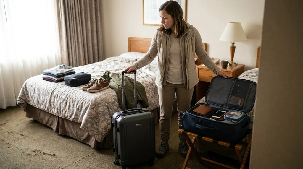Solo female traveler organizing a medium suitcase and personal backpack with essential items before a train transfer.