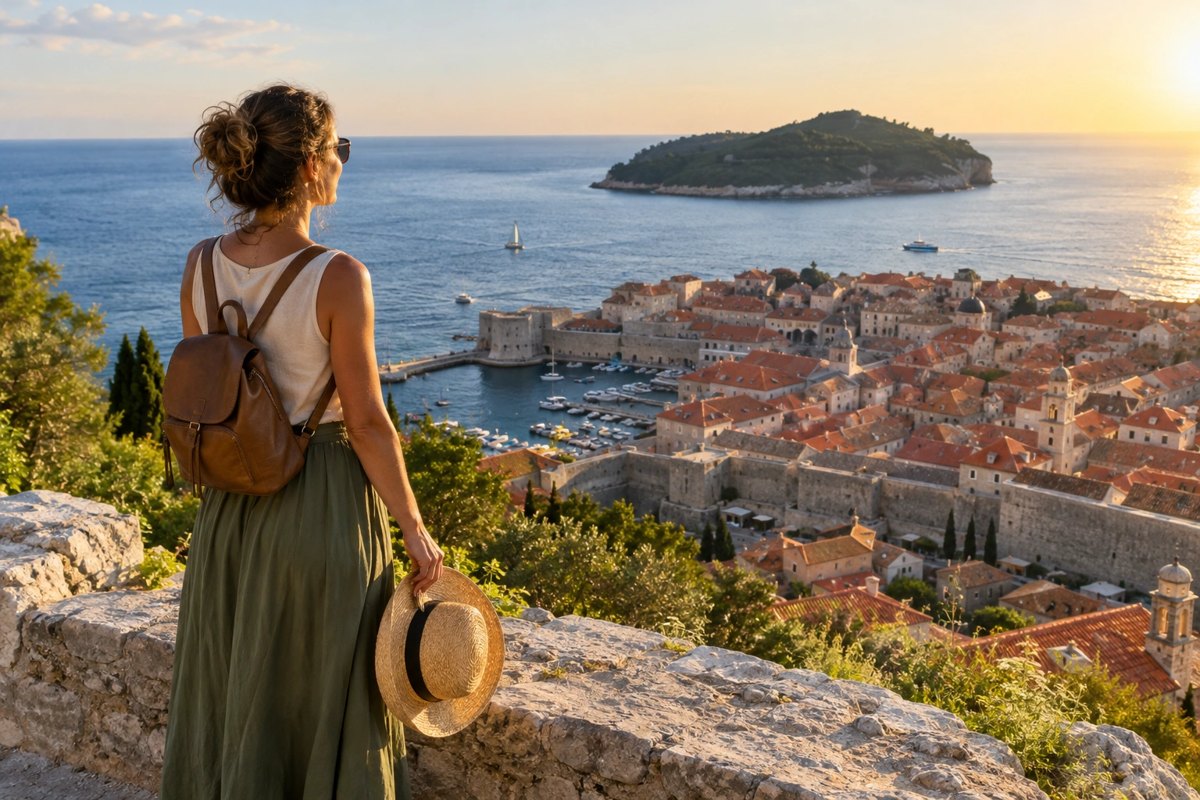 Woman traveling alone with a small backpack looking out over a sunny coastal old town
