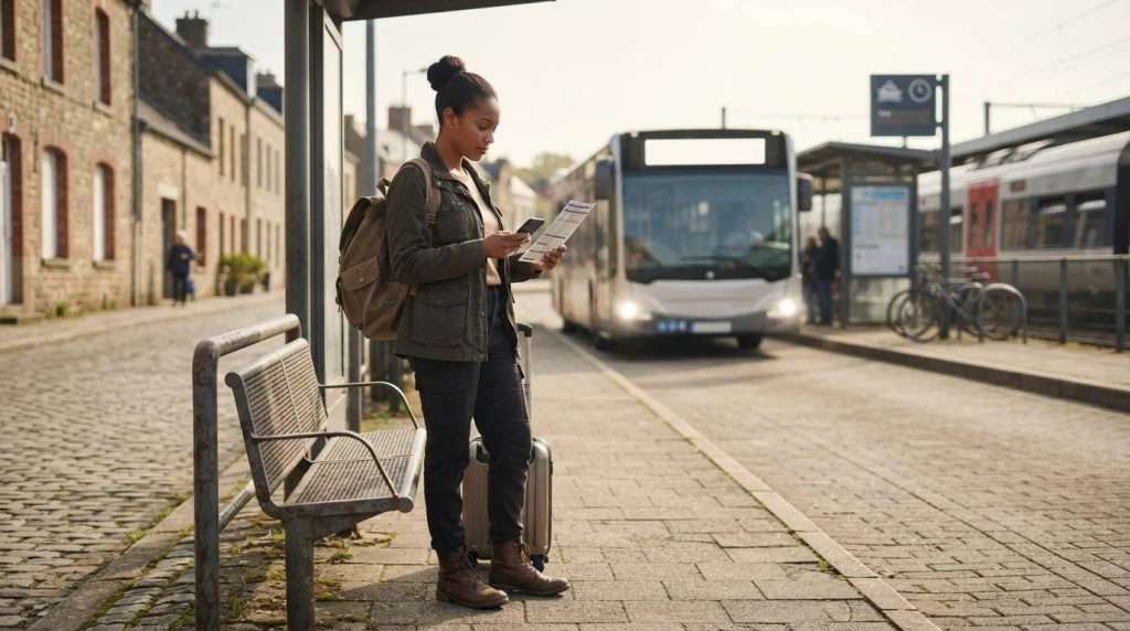 Solo female traveler checking a timetable at a small-town regional transport interchange.