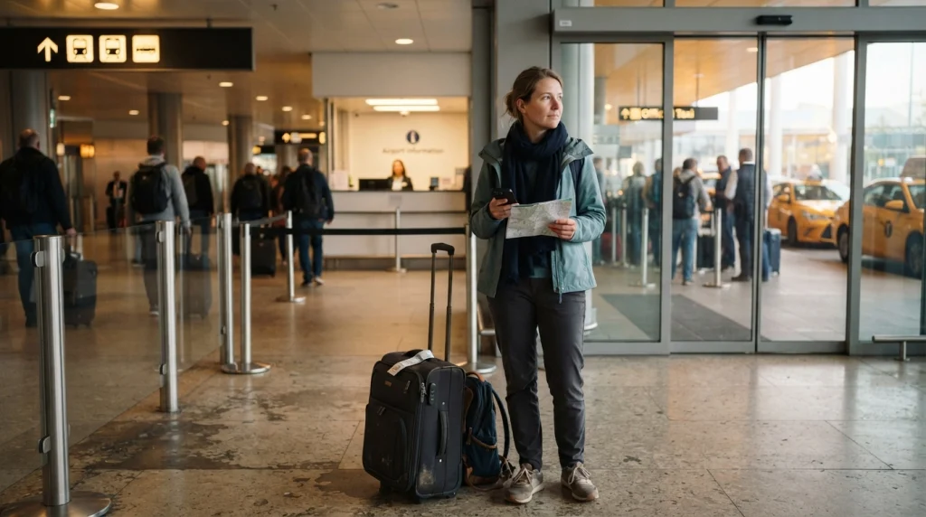 How can a solo female traveler plan backup transportation with train, taxi, and safe reset choices?